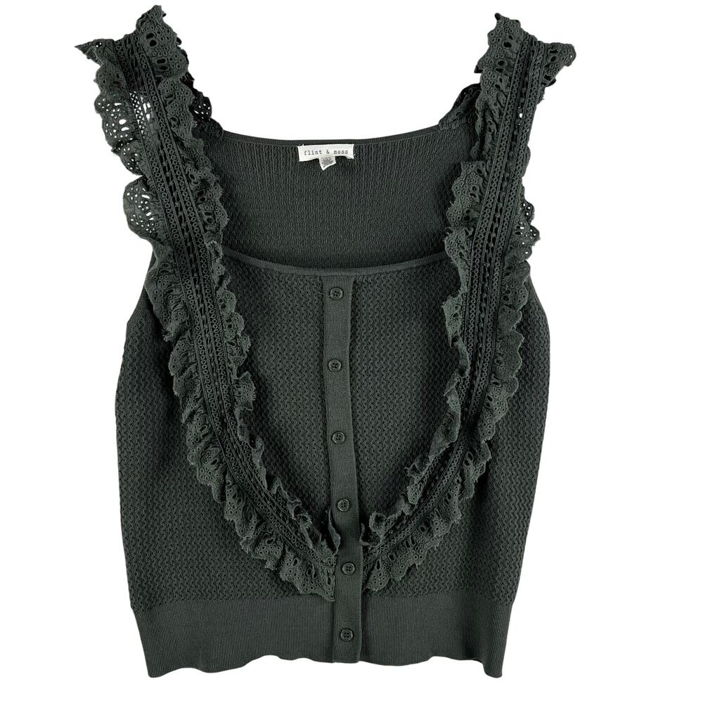 Flint & Moss Womens Pointelle Knit Tank Top L Dark Green Eyelet Ruffle Button